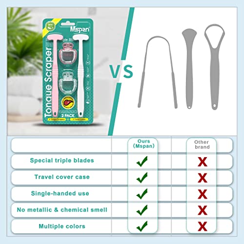 Mspan Tongue Scraper Cleaner Brush: Tongue Care Cleaning Scrubber with Plastic Travel Case Cover for Adults kids - Clean Oral Bad Breath Pink White 2 Pack
