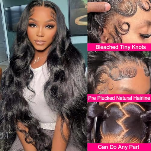 BELE 13x6 Full Lace Front Wigs Human Hair HD Transparent Body Wave Lace Front Wigs Human Hair Upgraded 14A Pre Plucked Bleached Tiny Knots Full Lace Frontal Wig 180 Density Natural Black 26 Inch