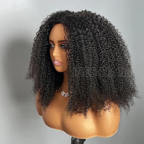 ISEE Half Wig Afro Curly 3 In 1 Glueless Wigs Human Hair Seamless Kinky Curly Flip Over Beginner Friendly Wear & Go Drawstring Band Clip in Wig Human Hair Black Color 14 Inch