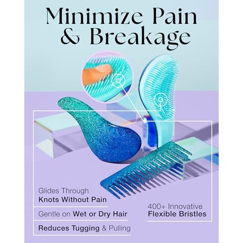 Detangler Brush & Wide Tooth Comb Hair Brush Gift Set - Ideal Gifts Under 10 Dollars for Womens Stocking Stuffers & Teenage Girls Gifts Ideas, Blue