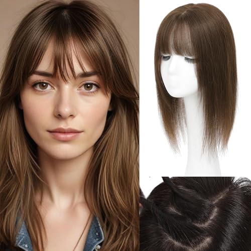 Hair Toppers for Women Real Human Hair,360¡Æ3D Big Basement Cover Topper for Women with Thinning Crown with Wispy Clip in Bangs Realistic Scalp (Medium brown, 3D Wispy Bangs 18INCH)