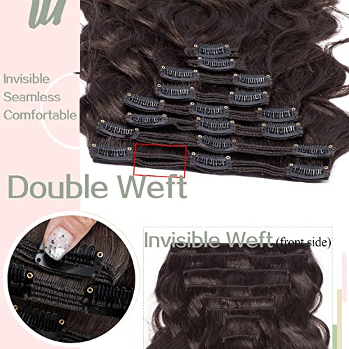 S-noilite Wavy Clip in Hair Extensions Real Human Hair Double Weft Thick 8 PCS Clip in Remy Hairpiece Natural Body Wave Full Head (18 Inch - 140g, Dark Brown)
