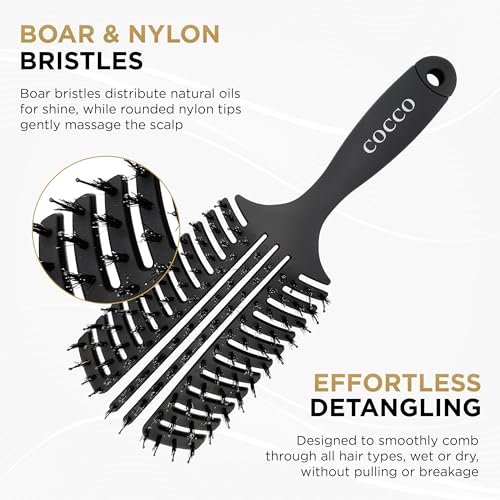 Cocco Vented Boar Brush, Curved Detangling & Styling Tool with Boar & Nylon Bristles, Black