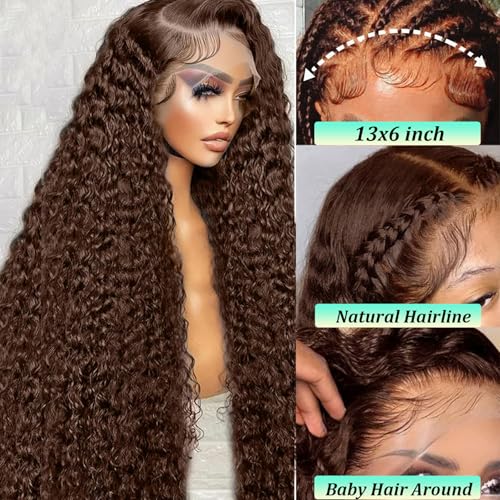 Chocolate Brown Lace Front Wigs Human Hair 13X6 Deep Wave Lace Front Wigs Human Hair Pre Plucked 180% Density HD Transparent Lace Frontal For Women Colored Deep Curly (Chocolate Brown, 32 Inch)