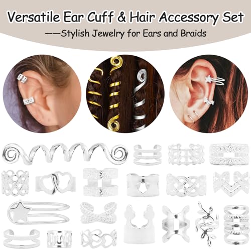 Vaikby 103PCS Silver Hair Jewelry for Braids Accessories, Hair Cuffs & Rings, Loc Jewelry for Black Women, Metal Silver Hair Accessories, Braid Decorations, Hair Charms for Dreadlocks and Braiding