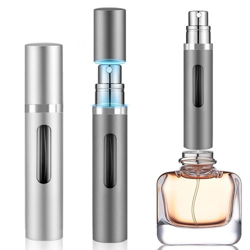 DIOHIO 5ml Perfume Atomizer Travel Refillable,Mini Cologne Dispenser, Bottom-Filling Fragrances Perfumes Bottle,Portable Sprayer Pocket Size for Women Men Cruise Car Trip Gift 2pcs (grey-silver)