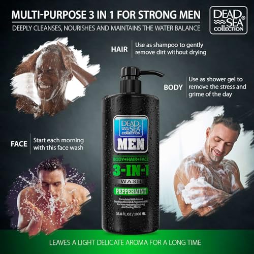 Dead Sea Collection Mens Body Wash 3 in 1 ? Peppermint Body Wash for Men ? Shower Gel ? Shampoo ? Shower Soap for Face and Hair ? Pack of 2 Bottles (33.8 Fl. Oz. Each)