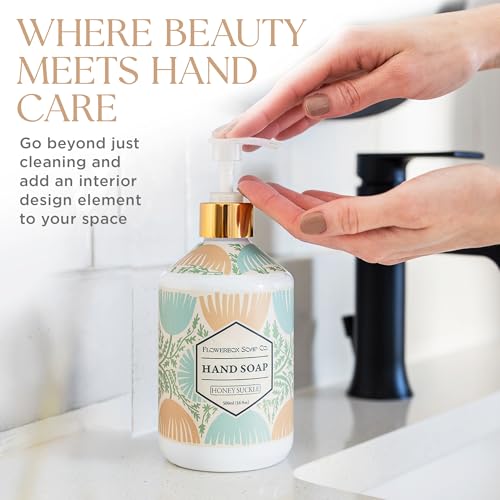 FlowerBox Liquid Hand Soap with Pump ? Set of 4 Scented, Decorative Hand Soap Dispensers for Bathroom and Kitchen ? 500 mL Luxury Floral Mosaic Bottles, Gift Pack