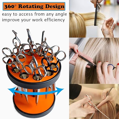 Rotating Hair Scissors Holder, Wooden Barber Scissors Storage Holder Salon Shears Holder Hair Stylist Scissors Container Hairdressing Tools Organizer Orange