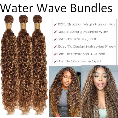 Human Hair Bundles P4/27 Highlight Water Wave Bundles Human Hair 20 22 24 Inch 12A Grade Brazilian Virgin Hair Water Wave Brown with Honey Blondy Double Weft Weave for Women