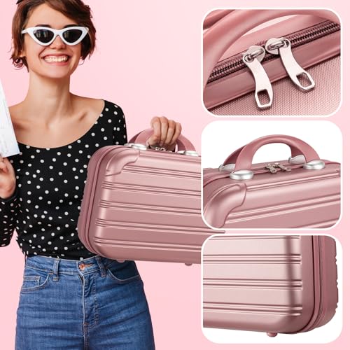 Noverlife 14in Hard Shell Makeup Travel Case, Portable Cosmetic Train Case with Elastic Band, Pressure-proof ABS Carrying Makeup Suitcase, Cosmetic Travel Hand Luggage Bag Organizer - Rose Gold