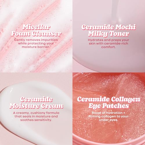 TONYMOLY Wonder Ceramide Mochi Essentials 4-Piece Skincare Set ? Travel Toner, Cleanser, Cream & Eye Patches, Hydrating Korean Skincare Kit