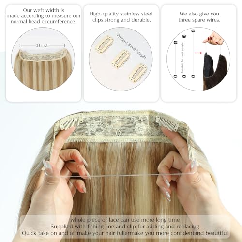 Hair Extensions 16 Inch Hair Extensions Real Human Hair Light Blonde to 613 Blonde Straight Hair Extensions Human Hair Extensions Hidden Wire Hair Extensions Transparent Fish Line Invisible Hairpiece