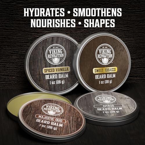 Viking Revolution 4 Beard Balm Variety Pack (1oz Each)- Spiced Vanilla, Sweet Tobacco, Majestic Oud, Citrus - Styles, Strengthens & Softens Beards & Mustaches - Leave in Conditioner Wax for Men