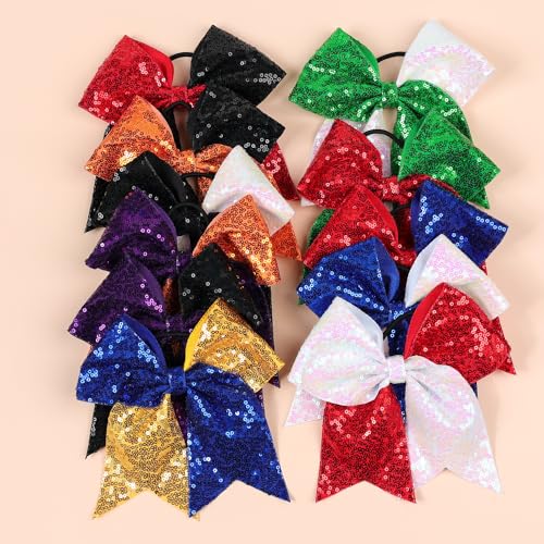 Bow Hair Tie for Girls Large Cheer Bow Sequins Ponytail Women Teen Girls Cheerleading Ribbon Holder Hair Band (Deep Blue + Yellow)