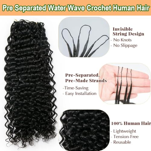 Crochet Human Hair Extensions Water Wave Pre-Separated Curly Crochet Hair Extensions Invisible Micro Loop Crochet Hair Knotless Feather Crochet Human Hair 18inch 120g
