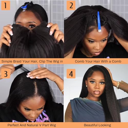 V Part Human Hair Wig Kinky Straight V Part Wig Human Hair for Black Women 24 Inch Glueless Yaki Straight Wigs Clip Upgrade Natural Beginner Friendly Middle Part 200% Density