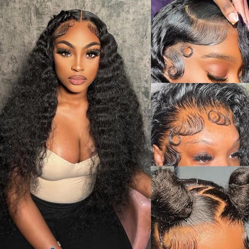 Deep Wave Lace Front Wigs Human Hair 200% Density 13x6 HD Transparent Deep Wave Frontal Wigs Human Hair With Baby Hair(32 Inch)