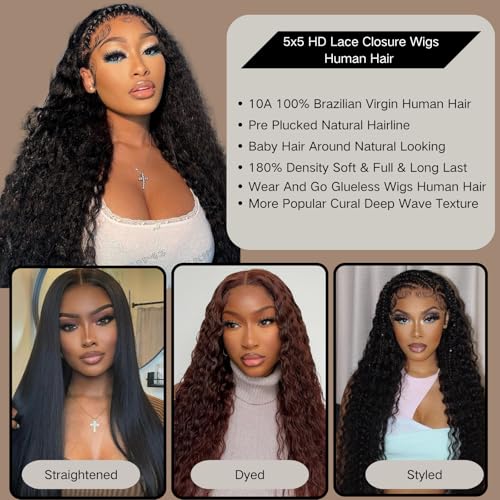 32 Inch Glueless Wigs Human Hair Pre Plucked Pre Cut 5x5 HD Lace Closure Wigs 180% Density Deep Wave Lace Front Wigs Human Hair With Baby Hair Wigs for Women Natural Black