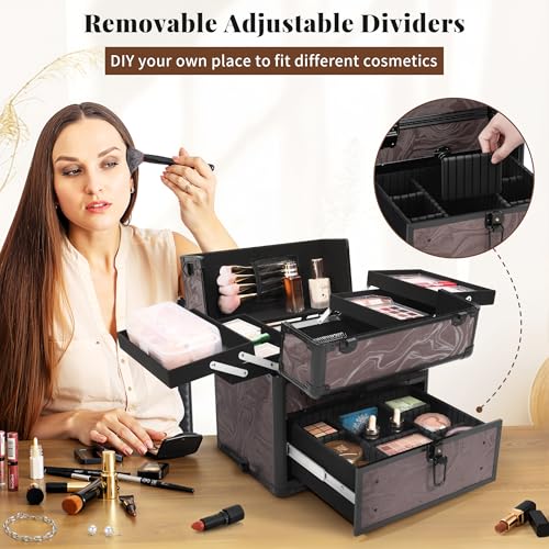 AROUS Rolling Makeup Case with 3 Drawers, Cosmetology Case on Wheels 5 IN 1 Makeup Train Case Make Up Organizer for Artist Salon Nail Teach Trunk,Brown