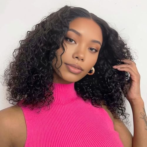 Short Wet and Wavy Curly Lace Front Wigs Human Hair 14Inch, 4x4 Water Wave Lace Frontal Bob Wig Human Hair Glueless Pre Plucked 150% Density Natural Black Color