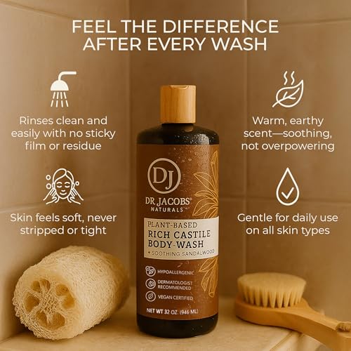 Dr. Jacobs Naturals Castile Sandalwood All-Natural Body Wash for Moisturizing Dry and Sensitive Skin with Plant-Based Ingredients with Pump - 32 Ounce