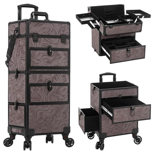 AROUS Rolling Makeup Case with 3 Drawers, Cosmetology Case on Wheels 5 IN 1 Makeup Train Case Make Up Organizer for Artist Salon Nail Teach Trunk,Brown