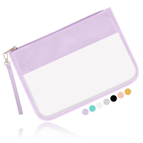 Iqimott Clear Zipper Pouch, DIY Clear Makeup Cosmetic Bag Purse for Women Girls, Chenille Letter Travel Toiletry Bag(Purple)