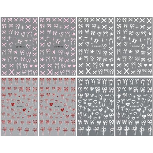 JMEOWIO 8 Sheets Heart Bow Tie Nail Art Stickers Decals Self-Adhesive Pegatinas U?as Pink Nail Supplies Nail Art Design Decoration Accessories