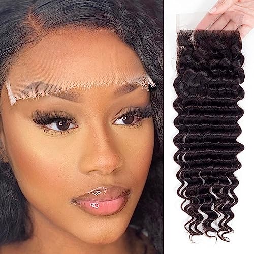 SKINLIKE 5x5 REAL HD Lace Closure Deep Wave Baby Hair Pre Plucked Swiss HD Lace Closures Only Ultra-thin Melted Virgin Human Hair Natural Black Serrated Edge 20 Inch