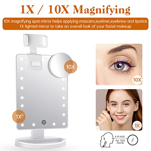 Lighted Makeup Vanity Mirror with Phone Holder and 10X Magnifying Mirror, 21 LED Lighted Mirror with Touch Sensor Dimming, 180¡ÆAdjustable Rotation, Dual Power Supply, Portable Cosmetic Mirror