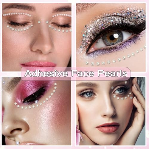 5156Pcs Hair Pearls, 3/4/5/6/8mm Self Adhesive Pearl Stickers for Crafting, White and Beige Flat Pearls Stick on Body Gems for Face Eye Nails Makeup and DIY Decorations Accessories, Assorted Sizes