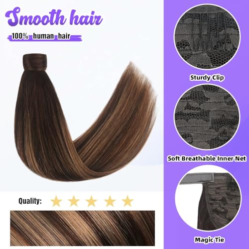 22 Inch Human Hair Ponytail 90g Long Wrap Around Ponytail Balayage Chocolate Brown to Caramel Blonde Real Hair Ponytail Extension for Women(22inch,Balayage Chocolate Brown to Caramel Blonde)
