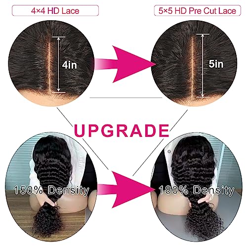 Yuzhou Grace 5x5 HD Lace Closure Wigs Human Hair Glueless Wigs Human Hair Pre Plucked Pre Cut Ready To Wear Deep Wave Curly Glueless Wig Human Hair 250 Density with Baby Hair Natural Hairline(26inch)