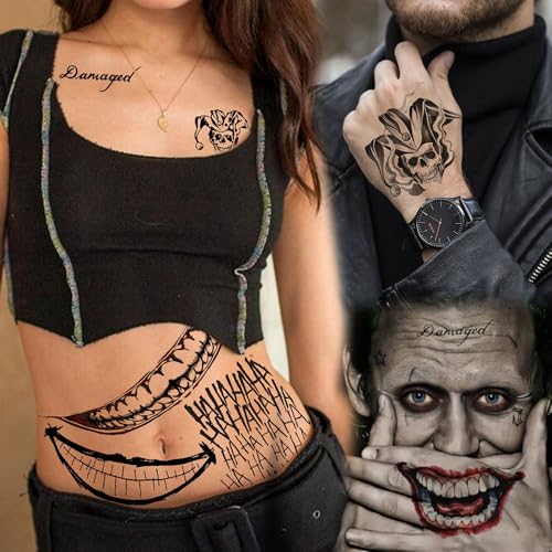 5 Sheets 3D Joker Tattoos Hand Halloween Makeup Kit, Prison Ghost Clown Damaged Joker Face Tattoo For Men Women Adults, Scary Prisoner Fake Temporary Tattoo Stickers Halloween Accessory Costume