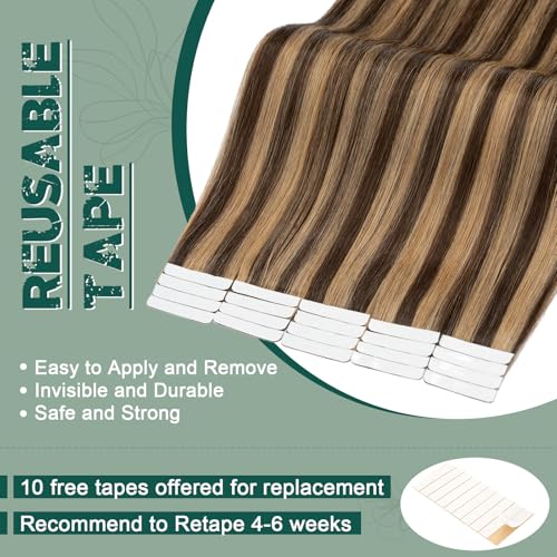 Benehair Remy Tape in Hair Extensions Human Hair Medium Brown&Dark Blonde Seamless Skin Weft Tape in Real Human Hair Extensions Straight Hair 24 Inch 100g #4P27 40pcs