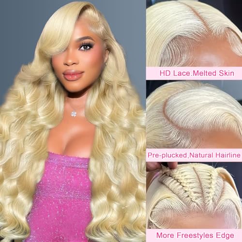 34 Inch 613 13x6 Lace Front Wig Human Hair 200 Density Blonde Wig Human Hair 13x6 Body Wave HD Lace Front Wigs Human Hair Pre Plucked Blonde Lace Frontal Glueless Wigs For Women