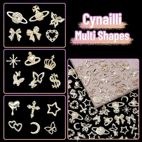 180 Pcs Gold Nail Charms and Gems, Bow Star Butterfly Cross Alloy Nail Jewelry, 18 Styles Metal Planet Heart Y2K Gold Nail Charms for Nails Art Design