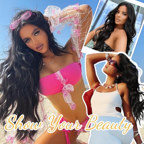 AISI HAIR Black Wig for Women, Long Wavy Lace Hairline Middle Part Synthetic Heat Resistant Wig for Daily Party-26 Inch