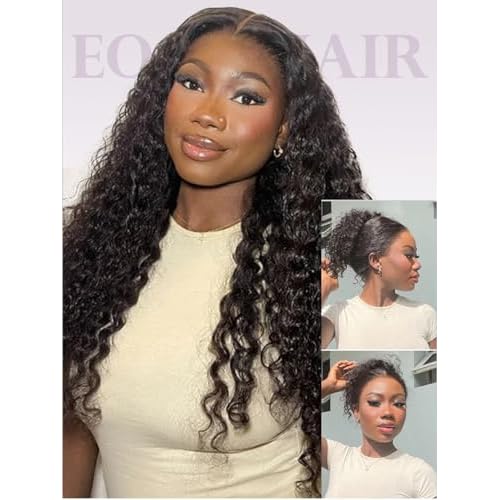 Hidden Strap 360 Drawstring Full Lace Front Wigs Human Hair Pre Plucked 200 Density Deep Wave 360 Invisible Drawstring Glueless Wet And Wavy HD Lace Front Wig Human Hair For Black Women 16 Inch