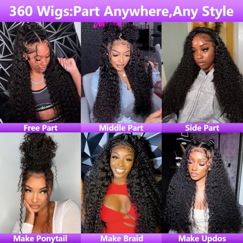360 Deep Wave Lace Front Wigs Human Hair 200% Density 360 HD Lace Front Wigs Deep Wave Pre Plucked With Baby Hair Curly Full Lace Wig with Adjustable Straps for Women (32 Inch)