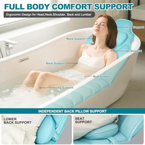 Full Body Bath Pillow for Bathtub - Extra Long 61¡¯¡¯ Bath Pillows for Tub, Ergonomic 4D Air Mesh Tub Pillow with Head, Neck & Lumbar Support, Bathtub Pillow Spa Cushion with Non-Slip Suction Cups