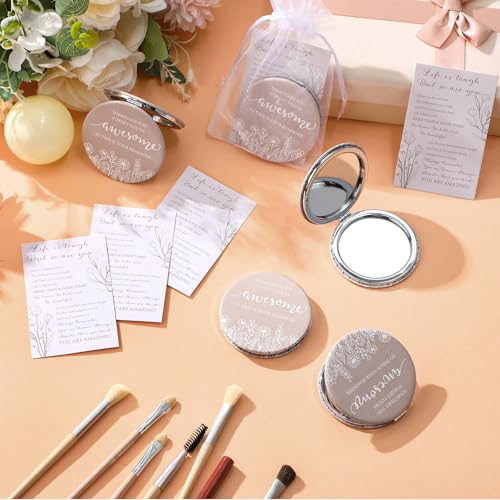 Wildflower Inspirational Gifts for Women Bulk Motivational Compact Mirror Makeup Purse Double Sided Folding Mirror Inspirational Gift Cards with Bag for Women(24 Set)