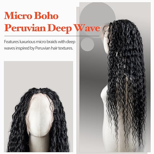 Single Full Lace Braid Wig ? Micro Boho Peruvian Deep Wave Box Braided Wig, Knotless Braided Wigs for Black Women, Curly Hair Wig, with Natural Baby Hair (#1 Jet Black, 32")