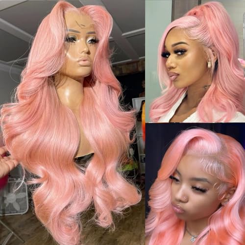 ANDRIA 13x4 HD Lace Front Wigs 28 Inches Pink Body Wave Long Glueless Lace Frontal Wigs Pre-plucked Hairline Synthetic Lace Front Wig With Baby Hair Heat Resistant Fiber Hair Wigs For Women