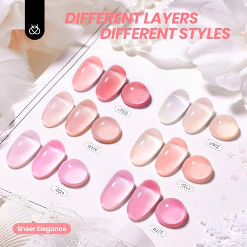 Beetles Jelly Gel Nail Polish Set - 6 Colors Nude Pink Gel Polish Kit Neutral Shimmer Translucent Sheer Gel Soak off Uv Nail Concealer Peach Juice Collection French Nail Art Manicure Gift for Women