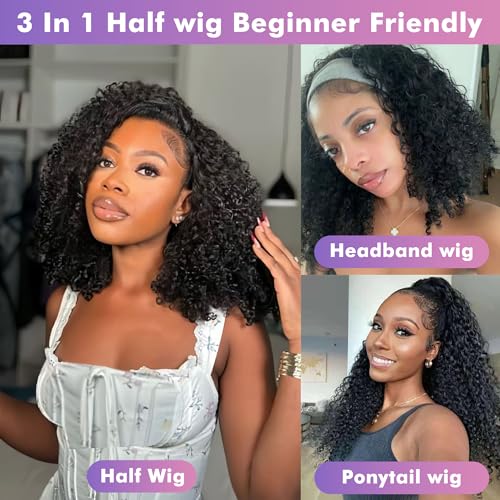 Kinky Curly Half Wig Human Hair 180% Density 3 In 1 Seamless Flip Over Half Wigs Human Hair Glueless Wear and Go Beginner Friendly 24 Inch Drawstring Headband Wig Human Hair for Women Natural Black
