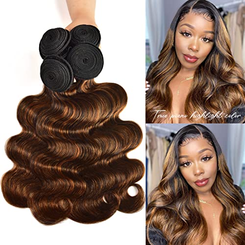 Sunber 12A Ombre Body Wave Human Hair 3 Bundles 100% Brazilian Virgin Human Hair Extensions Brown Highlight Body Wavy Weaves (12 14 16) Inch Piano Color Two Tone FB30 Color