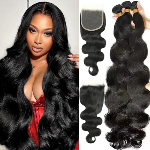 Body Wave Human Hair Bundles with Closure (22 24 26+18) 5x5 HD Closure with Bundles Human Hair 3 Weave Bundles with Closure Brazilian 100% Unprocessed Virgin Weft Hair Free Part
