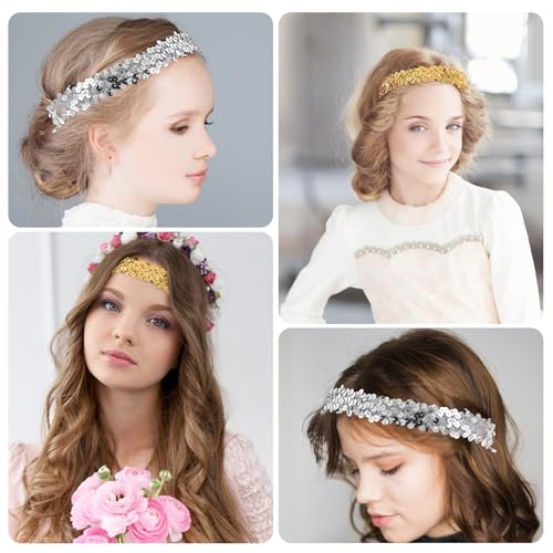 Silver and Gold Sequin Headbands, 12 Pack Sparkle Disco Elastic Glitter Head Bands for Girls Hair, Sparkly Fashion Headbands for Women Girls Dance Party